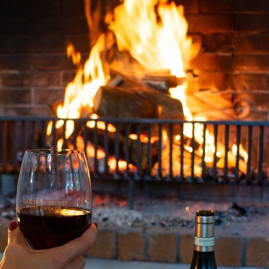 A glass of red wine in front of a log fire.